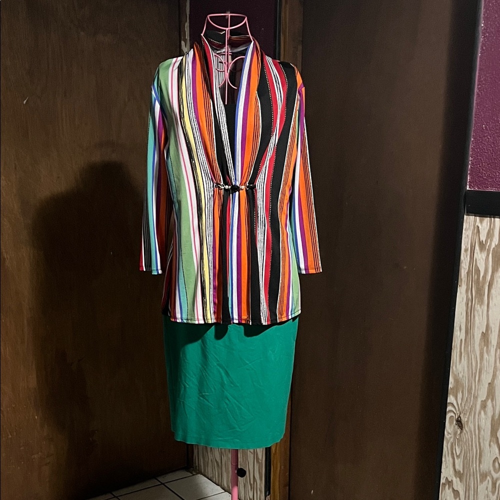 Multicolor Striped Blazer with Green Skirt